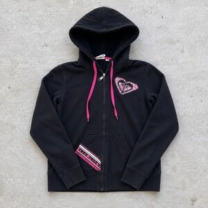 Vintage Roxy Black Pink Graphic Full Zip Sherpa Lined Hooded Sweatshirt y2k sz L